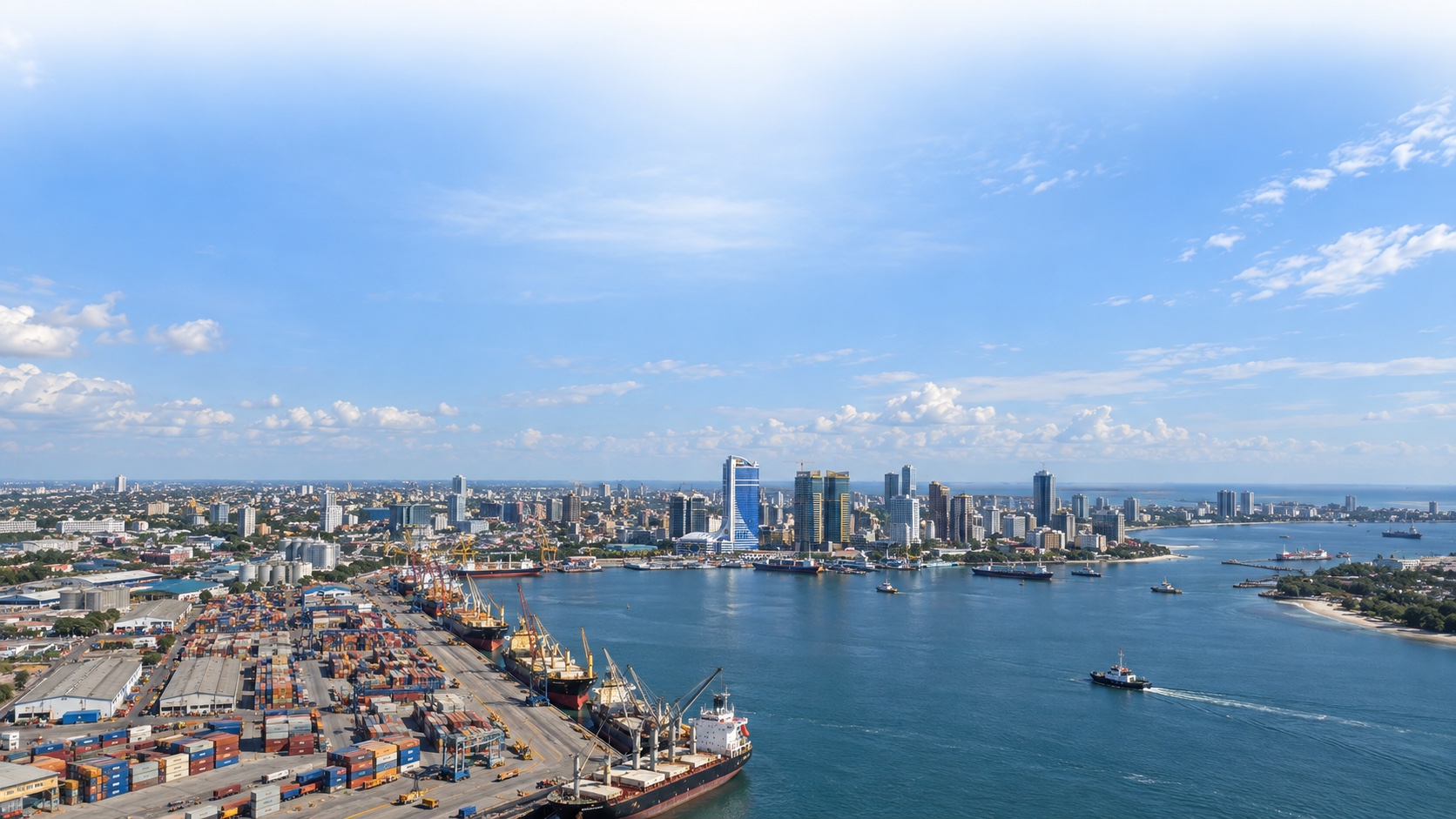 Aerial photograph of Dar es Salaam Port, Tanzania, showing cargo ships, shipping containers, port cranes and the Dar es Salaam skyline