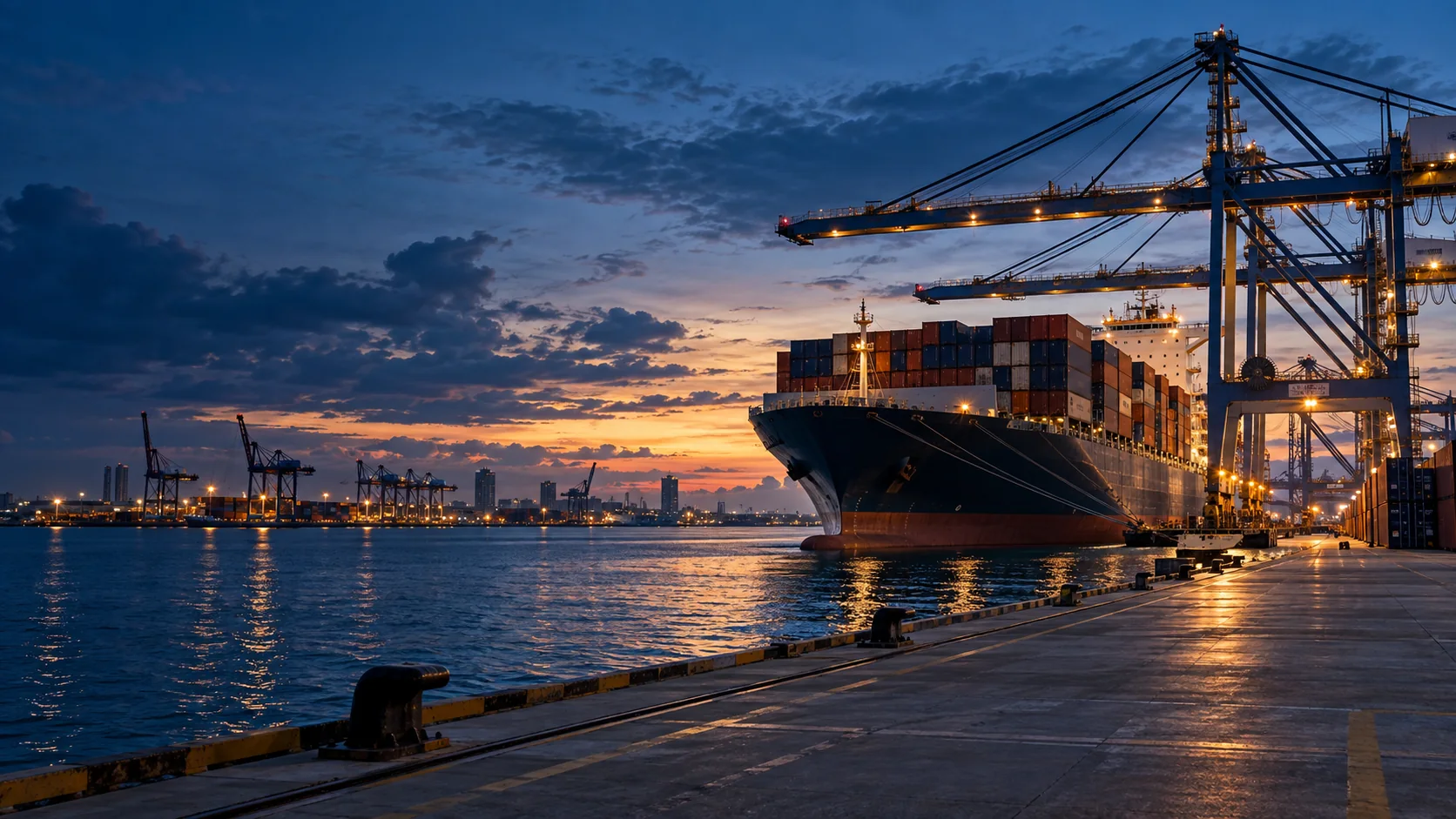 A container ship berthed beneath port cranes at dusk